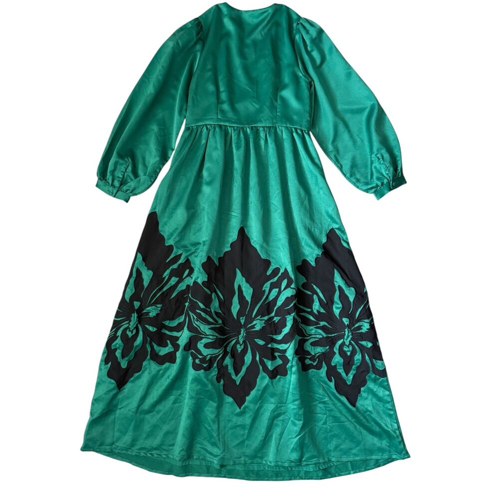 Anthropologie x Nikasha Embroidered Satin Maxi Dress Emerald Green Size Medium - Picture 12 of 12